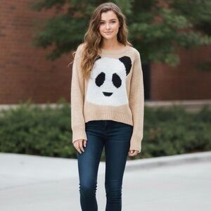 Streetwear Society Peach Panda Knit Sweater Small Cute Comfy Kawaii Long Sleeve